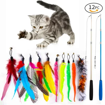 12 Dalių Rinkinys Gyvūnėlių, Kačių Žaislas Spalvos Plunksnų Pakeitimo Galvos Trijų Skyrių Meškere Caterpillar Funny Cat Stick