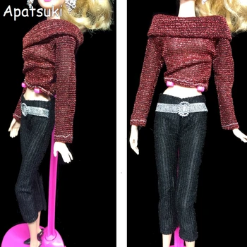 1Set Atsitiktinis Lėlės Drabužius Barbie Lėlės Long Sleeve Top + Juodos Kelnės Kelnės už 1/6 BJD Doll Priedai
