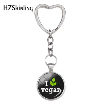 2020 Naujas Myliu Veganų Paketų Prižiūrėtojų Raktinę Vegetarizmo Širdies Key Chain Stiklo Cabochon Keychains Vertus Amatų Papuošalai Aksesuaras