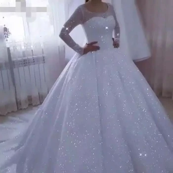2022 Baltas Kamuolys Suknelė Spindinčiais Blizgučiais Vestuvių Suknelės Moterims, Elegantiškas Sparkle Nuotaka Chalatai Ilgomis Rankovėmis Princesė Vestidos De Novia