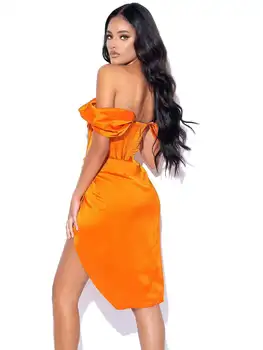 2022 M. Vasarą Moterys Seksualus Off Peties Velniop Kaklo Supjaustytas Apelsinų Mini Bodycon Tvarstis Suknelė Elegantiškas Vakaras Klubo Šalis Suknelė