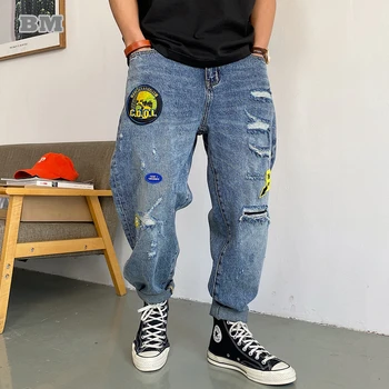 2022 Mados Streetwear Atsitiktinis Džinsai Krovinių Kelnės Harajuku Emblemos Ripped Jeans Trendyol Prarasti Tiesios Kelnės Vyrams, Drabužiai