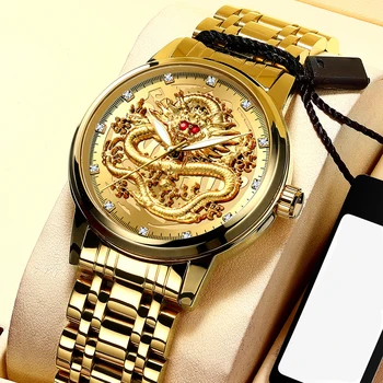 2022 Prekės Prabangos žiūrėti Raižyti Aukso Drakonas vyriški Klasikiniai Mados Kvarciniai laikrodžiai Šviečiantys plieno juosta Vyras Žiūrėti reloj hombre