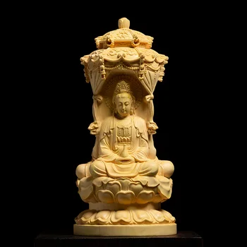 3 Veidus Amitabha Guanyin Bodhisatvos 15cm Kinijos Boxwood Drožyba Dievų Budos Statula Medžio masyvo Namų Puošyba