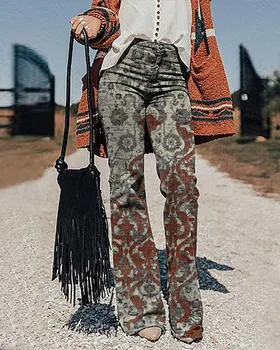 3D Kilimų Vintage Modelis Atspausdintas Džinsai Dažytos Pants Ladies Elegantiškas Stilius Džinsinio audinio Kelnės Ponios Atsitiktinis Džinsus Didelis Dydis Gatvės Cu