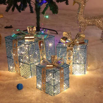 3Pcs Kalėdų Dovanų Dėžutė Papuošalų Kalėdų Medžio Apdaila, Dekoratyviniai su LED Žibintai, Šviesos Kaustytomis Geležies Tuščiaviduriai Dėžutės Naujųjų Metų Dekoras