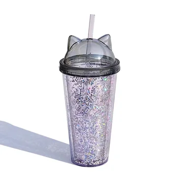 420ml kačių ausų šiaudų taurės mielas vasaros vandens puodelį vaikai net raudonas plastiko puodelis dovanų kūrybos dvigubą taurės. 3