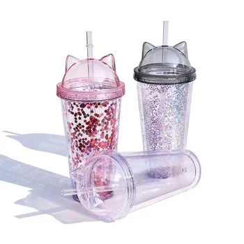 420ml kačių ausų šiaudų taurės mielas vasaros vandens puodelį vaikai net raudonas plastiko puodelis dovanų kūrybos dvigubą taurės. 5