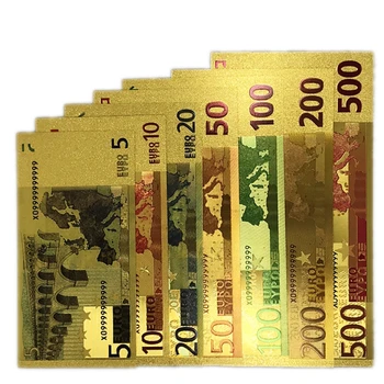 7PCS/Set 5 10 20 50 100 200 500 EUR Aukso Banknotų 24K Aukso Netikrą Popierinių Pinigų Kolekcija Eurų Banknotų Rinkiniai 3