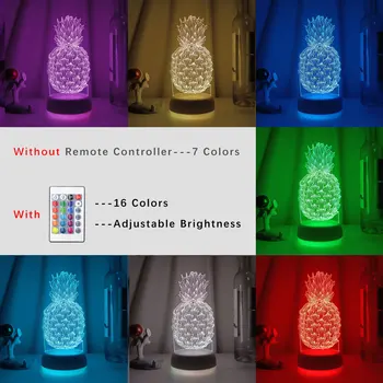 Ananasų Vaisių 7 Spalvų 3D Naktį Šviesos diodų (LED) Akrilo Vision Stereo Naktiniai Holograma Dekoro Jutiklinį Jungiklį, Stalo Lempos Dovana Vaikams