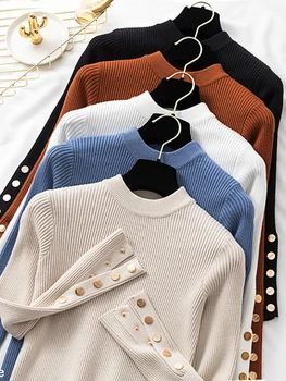 Atsitiktinis rudens žiemos moterys storas megztinis puloveriai) su ilgomis rankovėmis mygtuką, o-kaklo elegantiškas Megztinis Moteriška Plonas mezgimas viršuje minkštas megztinis viršūnės