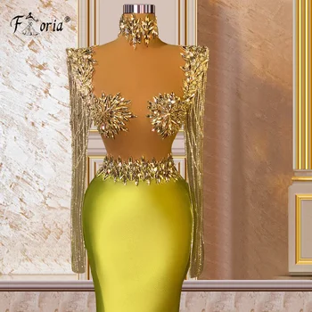 Aukso Prom Dresses Aukšto Kaklo Kristalų, Cirkonio Pamatyti Per Viršų Satino Undinė Vakarinę Suknelę Grindų Ilgis Dubajus Šalies Chalatai