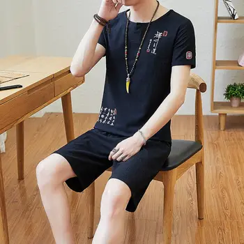 [Aukštos Kokybės Medvilnės] Kostiumas T-shirt Kinų Stiliaus Dviejų dalių Vasaros Retro vyriški trumpomis Rankovėmis Atsitiktinis Palaidų Y2k Vintage Drabužių Vyrams 2