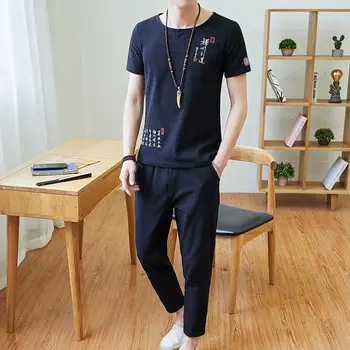 [Aukštos Kokybės Medvilnės] Kostiumas T-shirt Kinų Stiliaus Dviejų dalių Vasaros Retro vyriški trumpomis Rankovėmis Atsitiktinis Palaidų Y2k Vintage Drabužių Vyrams 4