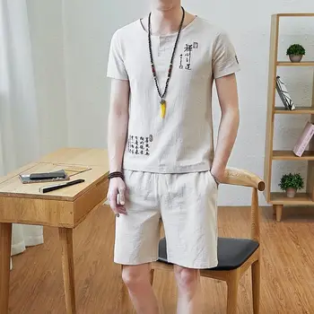 [Aukštos Kokybės Medvilnės] Kostiumas T-shirt Kinų Stiliaus Dviejų dalių Vasaros Retro vyriški trumpomis Rankovėmis Atsitiktinis Palaidų Y2k Vintage Drabužių Vyrams 5