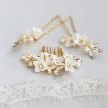 Balto Porceliano Gėlių Nuotakos Mažos Šukos Plaukų Smeigtukai Perlų Vestuvių Papuošalai Moterims Prom Plaukų Gabalas Ornamentu