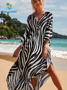 Beachisissi 2022 Moterų Bikini Danga-ups Zebra Modelis V Kaklo maudymosi Kostiumėliai Paplūdimio Suknelė Midi Ilgio Kimono Vasaros Paplūdimio Sarongas 2