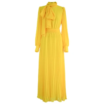 Boho Geltonos spalvos Ilgos Suknelės Moterims Vasaros 2022 Atostogų Bohemiškas, Elegantiškas Lankas ilgomis Rankovėmis Plisuotos Šifono Maxi Suknelė Moteris