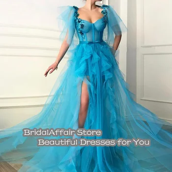 BridalAffair Mėlyna Prom Dresses Gėlės Tiulio Raukiniai Aukštos Ritininės Dubajus, Saudo arabų Ilgai Prom Vakare Chalatai Paaugliams Baigimo
