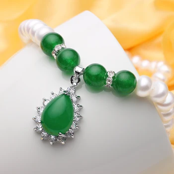 Dainashi Amžinai Klasikinis Žalias agatas su 8-9mm/9-10 mm natūralių perlų vėrinį aukštos kokybės perlų juvelyrika moterims