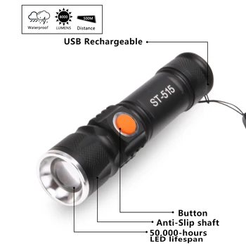 Didelės Galios Akumuliatoriaus LED Žibintuvėlis USB Įkraunamas LED Žibintuvėlis Šviesos Lanterna T6 Žibintų Taktinis Žibintuvėlis Dviračio Šviesos 0