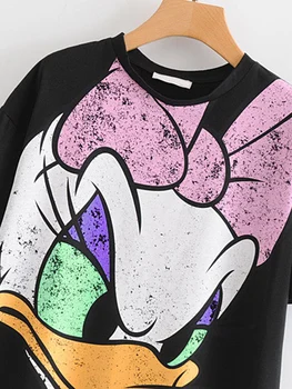 Disney Donaldas, Daisy Duck Animacinių Filmų Spausdinimo Juoda Moterys T-Shirt O-Kaklo Megztinis Trumpomis Rankovėmis Atsitiktinis Saldus Streetwear Prarasti Tee Viršūnės