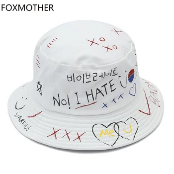 FOXMOTHER Naujas Hip-Hop Juoda Balta Raidė Grafiti Kibirą Kepurės Fishman Skrybėlę Chapeau Femme Vyriškos Kepurės Korėja 3