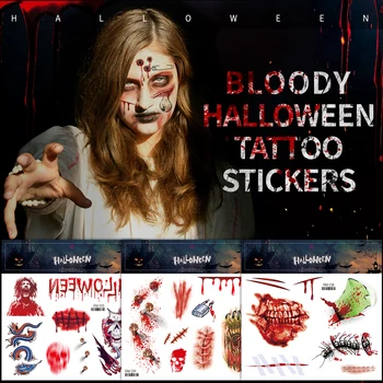 Halloween Zombie Randai, Tatuiruotės Netikrą Šašas Kruvinas Makiažas Helovinas Apdailos Žaizdos Baisu Kraujo Žalos Lipdukas 3D atsparus Vandeniui Paviršius
