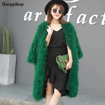 Harppihop megzti mongolijos avių kailis kailis striukė, paltas rusijos moterų žiemą šilti kailiniai paltai outwear ilgiau stiliaus, 4 spalvos 1