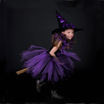 Helovinas Kostiumas Vaikams Mergaitėms Ragana Vaikų Drabužių Išgalvotas Tutu Suknelė su Skrybėle Merginos Fantazijos Karnavalas Šalis Suknelė