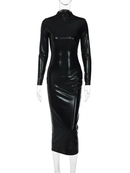 Hirigin Moterys ilgomis Rankovėmis Dirbtiniais Odos Bodycon Suknelė Golfo Odos Pieštuku Suknelė Elegantiškas Slim Fit Rudenį Šalis Suknelė 2023