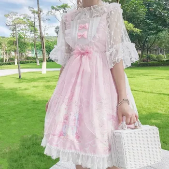 Japonijos Saldus Lolita Dress Vasaros Girly Nėrinių Perlai Tinklelio, Be Rankovių Pasakų Suknelė Lankas Nėrinių Princesė Šalies Kawaii Jsk Suknelės 2