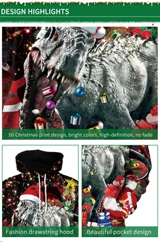Juokinga Bjaurusis Kalėdų Mens Megztiniai 3D Dinozaurai Spausdinti Hoodies Palaidinės Rudens Žiemos Plus Size Pora Gobtuvu Džemperis Viršūnės