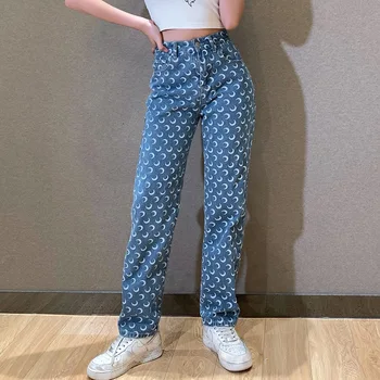 Karšto Pardavimo Japonijos Moterų Džinsai Vintage Pusmėnulio Aukšto Juosmens Straight Džinsai Moterims Streetwear Moterų Mados Džinsinio Spausdinti