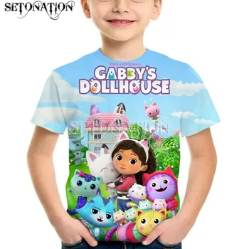 Kawaii Gabbys Lėlės Namas 2022 berniukai vaikas Aukštos Kokybės 3D Spausdinimo Jav, T-shirt O-kaklo Marškinėliai, Rankovės vaikams Laisvalaikio Drabužių birthdayTops
