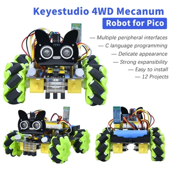 Keyestudio 4WD Mecanum Robotas Aviečių PICO Arduino IDE C Smart 