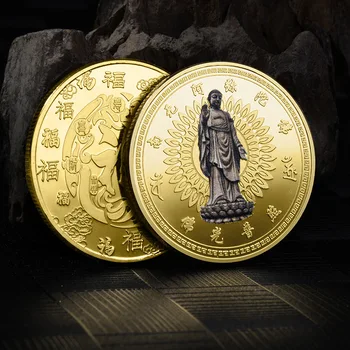 Kinų Stiliaus Budos Šviesa Šviečia ant Budos Progines Monetas, Religinių Įsitikinimų Auksas, Sidabras Monetos Iškilumo Metalinės Amatų Ženklelis 1