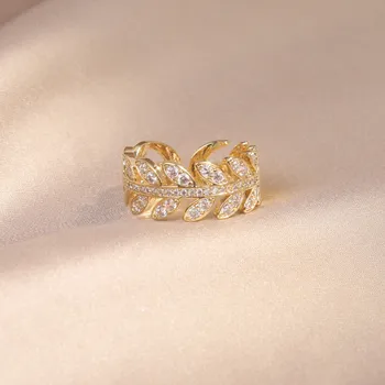 Korėjos Naujo Dizaino bižuterijos 14 KARATŲ tikro Aukso Apkalos Lapų Kviečių Ausies Cirkonis Žiedas Elegantiškas Moterų Atidarymo Reguliuojamas Žiedas