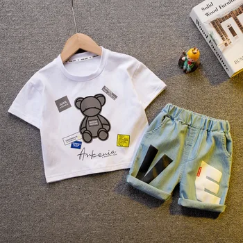 Kūdikių Vasaros Tendencija Kokybės Drabužius Nustatyti Vaikų Džinsinio Šortai + Medvilnė Gražus T-Shirt 2-Piece Set 5