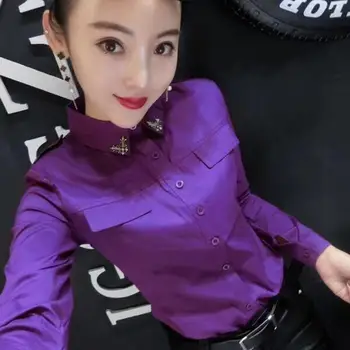 Mados Vientisos Spalvos Atvartas Mygtuką Spliced Kišenės Marškinėliai Moterims Drabužių 2022 M. Rudenį Naujų Atsitiktinis Negabaritinių Viršūnes Prarasti Korėjos Palaidinė 1