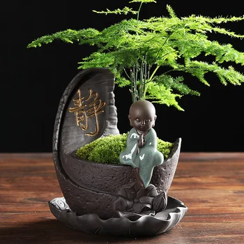 Mažas Vienuolis Keramikos Buda Gėlių Vaza su padėklu Kūrybinė Asmenybė Klasikinis Kinų Stiliaus Sultingi PotModern Biuro Stalo