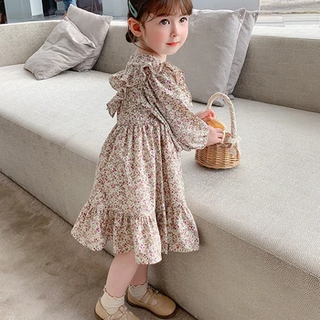 Merginos Gėlių Princesė Dress Pavasarį, Rudenį Naujas Klostuotas Britų Stiliaus Vaikų Drabužių Sielovados Stiliaus Mergaičių Mada Vaikams, Apranga 1