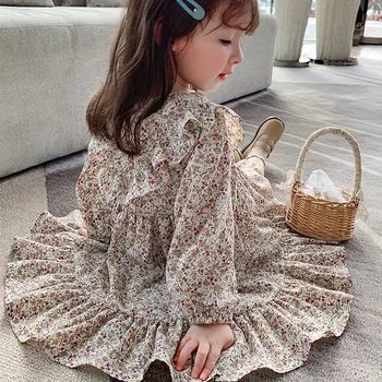 Merginos Gėlių Princesė Dress Pavasarį, Rudenį Naujas Klostuotas Britų Stiliaus Vaikų Drabužių Sielovados Stiliaus Mergaičių Mada Vaikams, Apranga 4