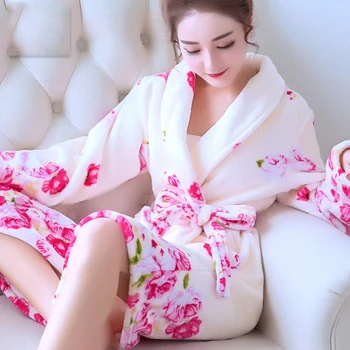Moterims, Chalatai Žiemą Šilta Pižama Mados Atsitiktinis Koralų Vilnos Sleepwear Namų Drabužių Gėlių Padažu Gron Kimono Viešbutis Chalatas