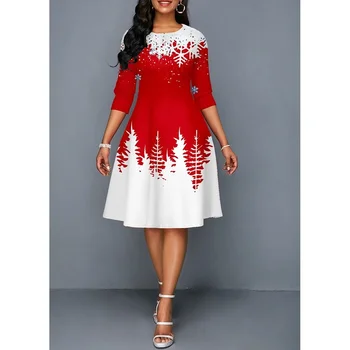 Moterų Suknelė 2022 Elegantiškas Kalėdų Spausdinti Naujųjų Metų Vakarą, Šaliai, Suknelės Atsitiktinis O-Kaklo Raudona Prašmatnus Fasion Aukšto Juosmens-Line Suknelė 4