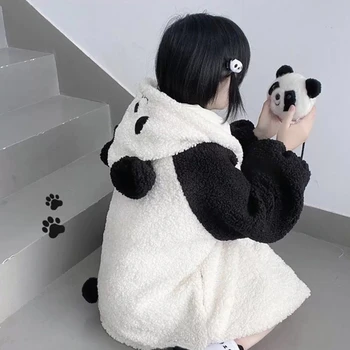 Moterų Žiemos Dirbtiniais Vilnos Hoodies Striukė Harajuku Kawaii Animacinių Filmų Panda Ausis Ilgomis Rankovėmis Palaidinukė Negabaritinių Mygtuką Pliušas