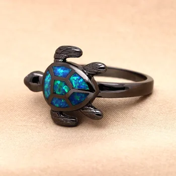 Mėlyna Vėžlio Ugnies Opalas Žiedas Moterims Juodojo Aukso Spalvos Papuošalai, Sužadėtuvių Gyvūnų Dizainas Piršto Dovanų Platinimo Vėžlys Žiedas