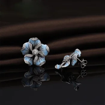 Naujas Elegantiškas Ponios Blizga Cirkonis Crystal Blue Lotus Medžio Stud Auskarai, Vestuviniai Papuošalai, Dovanos 0