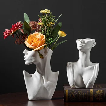 NIFLHEIM Keramikos Vintage White Žmogaus Veido Gėlių Vazos Biustas Dekoratyvinis Vazonas Namų Darbalaukio Kambarį Interjero Dekoravimas Ornamentais
