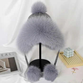 Ponios Fox Fur Princesės Skrybėlę Žiemos Mados Atsitiktinis Verslo Šilta Megzta Kepurė, Natūralus Lapės Kailis